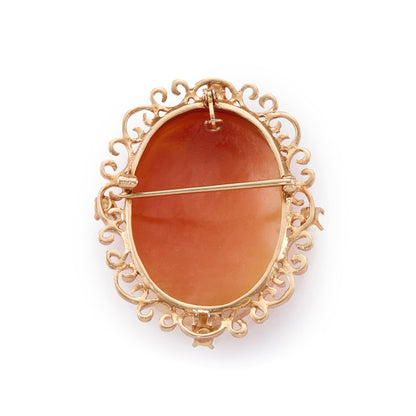 Charming Edwardian 10ct rose gold brooch depicting the Three Graces dancing merrily together. Surrounded by beautiful scrollwork and four pearls. Can also be worn as a pendant.