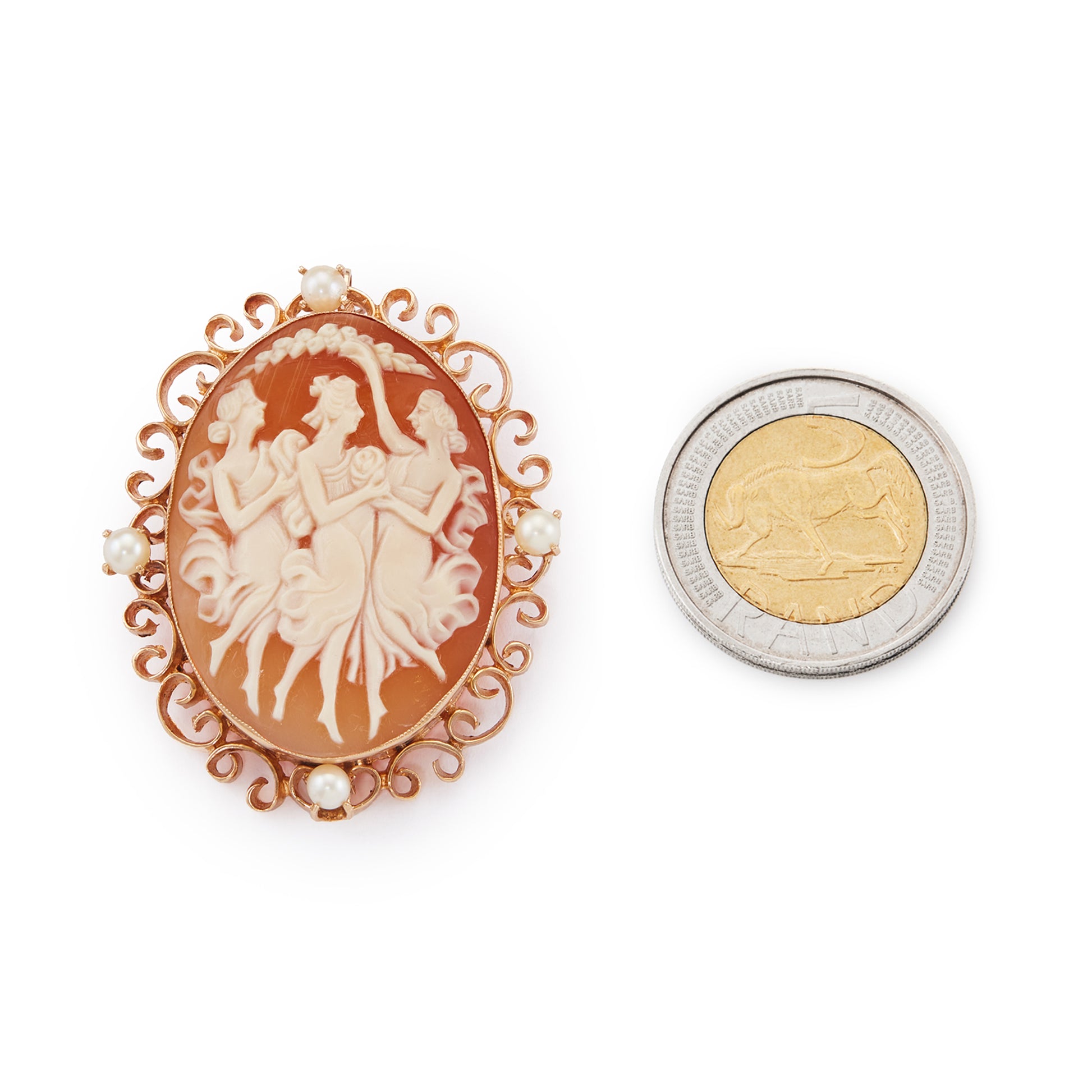 Charming Edwardian 10ct rose gold brooch depicting the Three Graces dancing merrily together. Surrounded by beautiful scrollwork and four pearls. Can also be worn as a pendant.