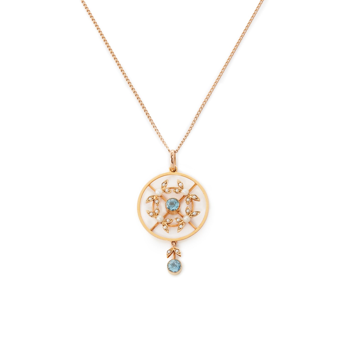 Edwardian 15ct Gold Aquamarine and Seed Pearl Pendant on Chain