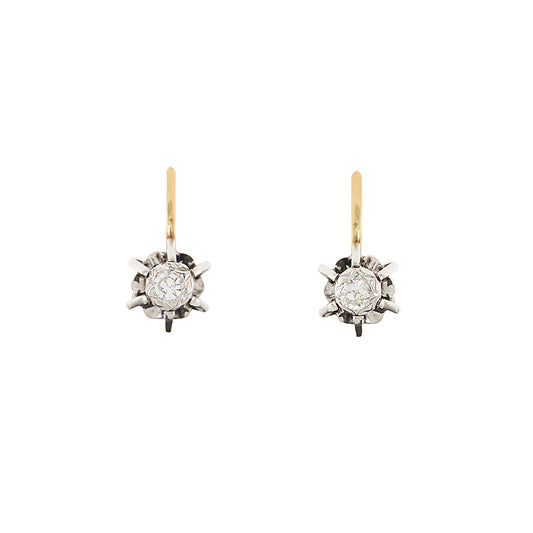 Dainty Edwardian 9ct gold drop earrings, each set with a 0.12ct old cut diamond. Earrings have shepherds hooks.