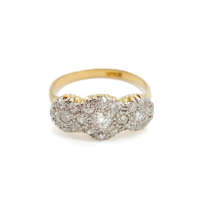 Gorgeous Edwardian 18ct yellow gold ring with 0.73ct, old-cut diamonds in a three cluster white gold setting.