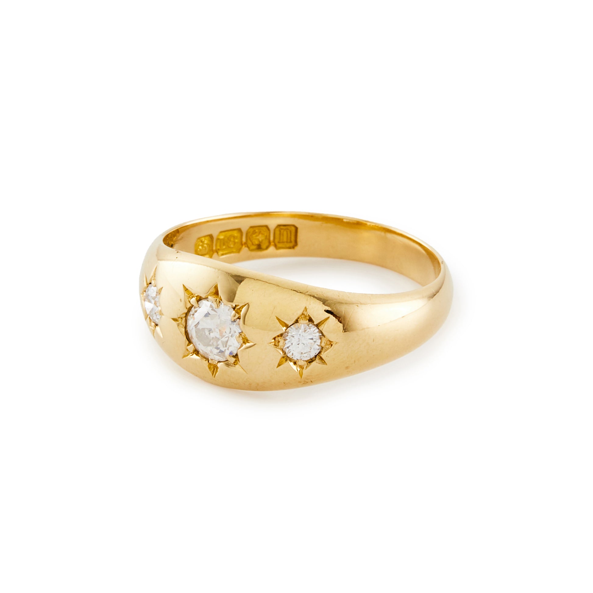 Classic Edwardian 18ct gold gypsy ring, set with three diamonds. London 1908