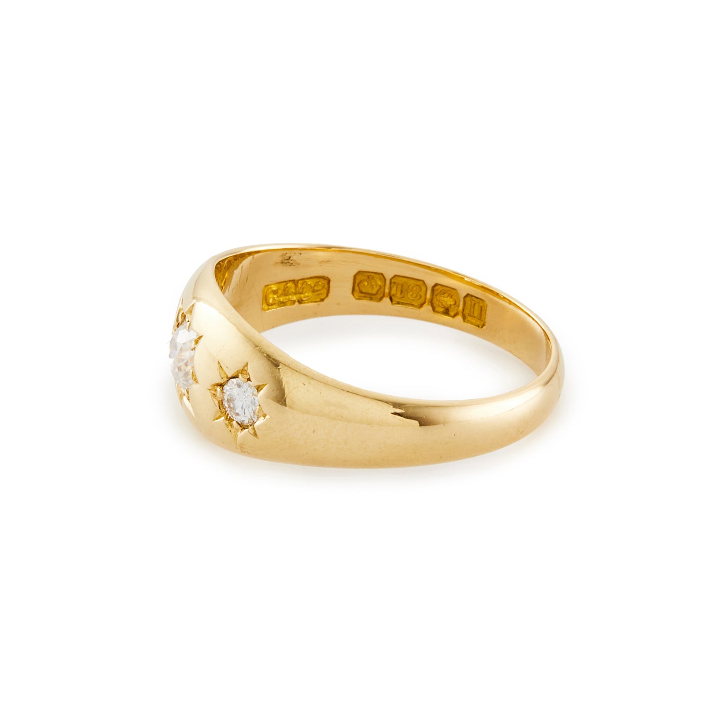 Classic Edwardian 18ct gold gypsy ring, set with three diamonds. London 1908