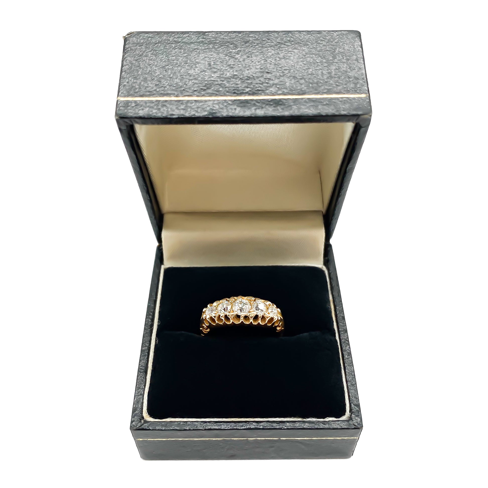 Lovely Edwardian 18ct gold old cut five stone diamond ring with engraving on the shoulders.