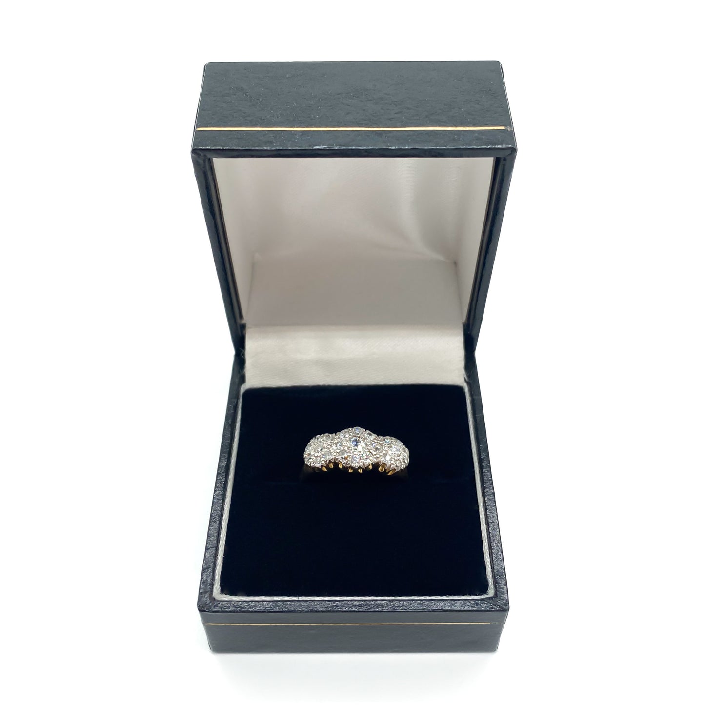 Gorgeous Edwardian 18ct yellow gold ring with 0.73ct, old-cut diamonds in a three cluster white gold setting.