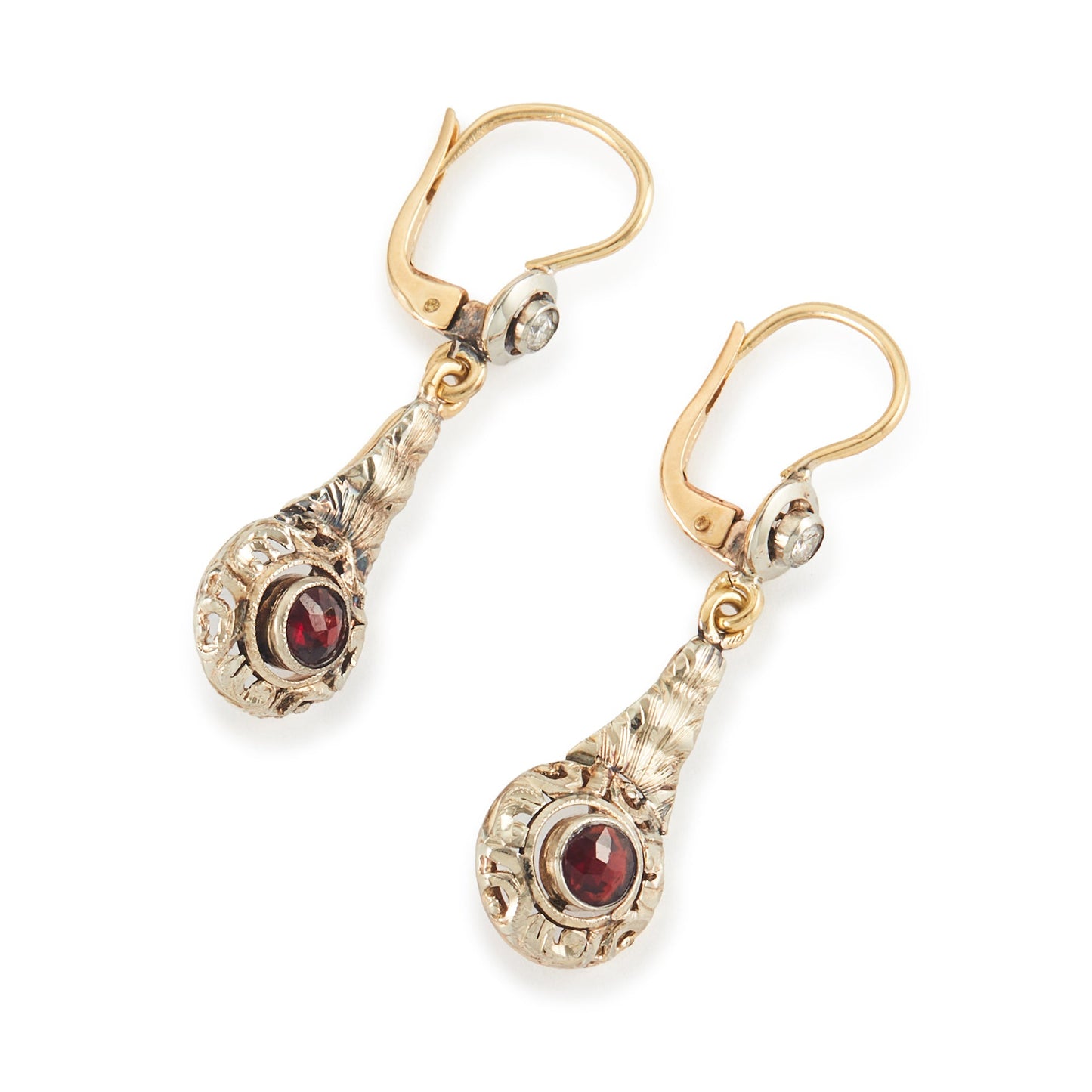 Exquisite Edwardian 18ct gold earrings each set with a natural diamond and a garnet, with ornate detail. Italy