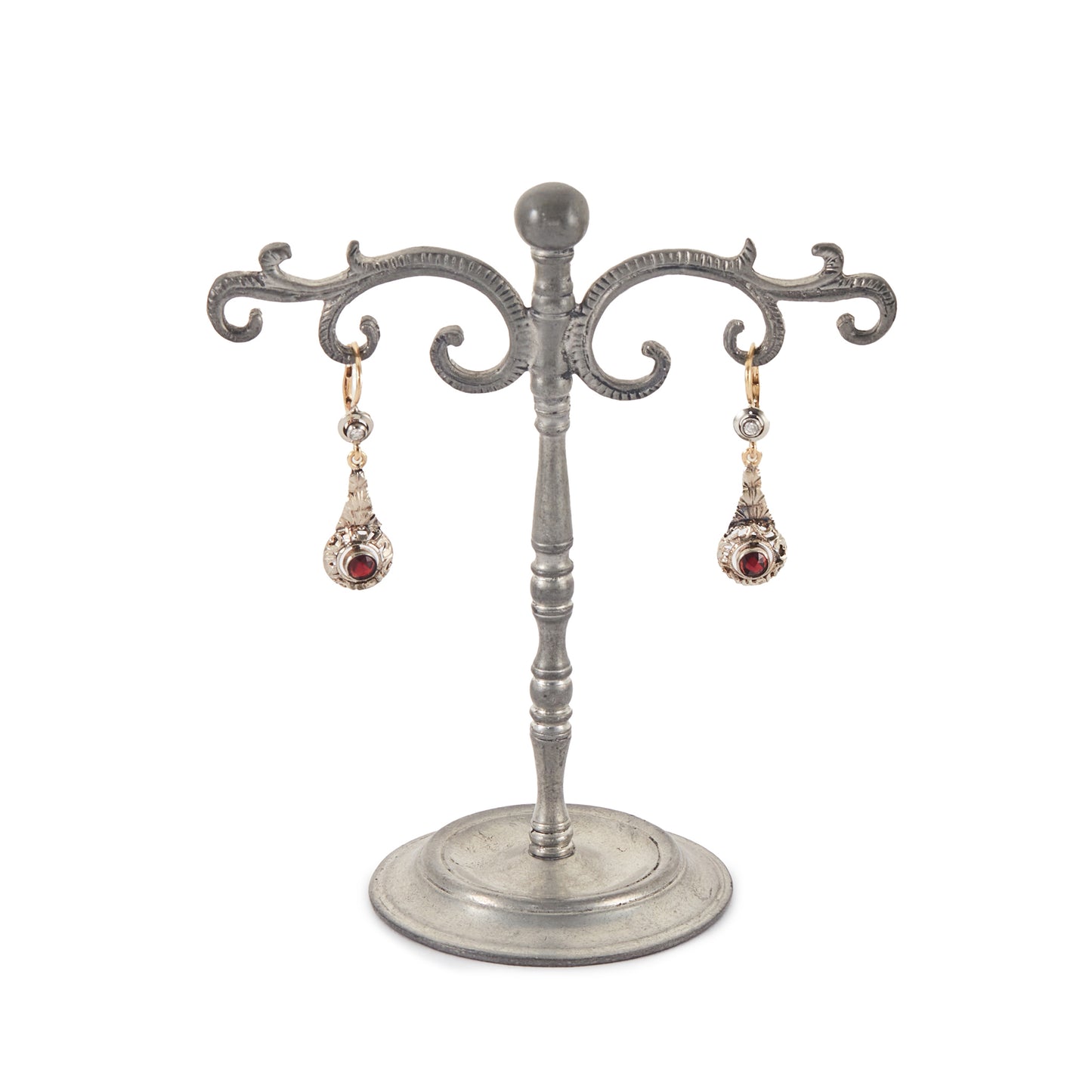 Exquisite Edwardian 18ct gold earrings each set with a natural diamond and a garnet, with ornate detail. Italy