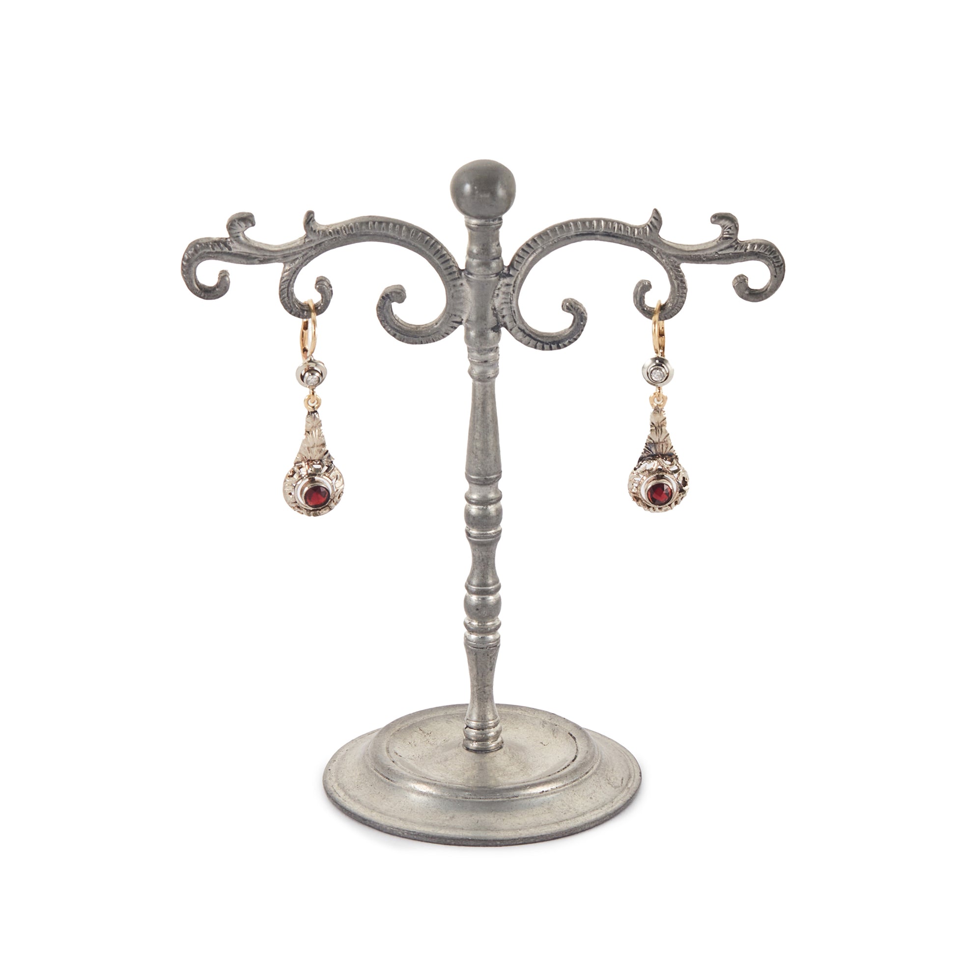 Exquisite Edwardian 18ct gold earrings each set with a natural diamond and a garnet, with ornate detail. Italy
