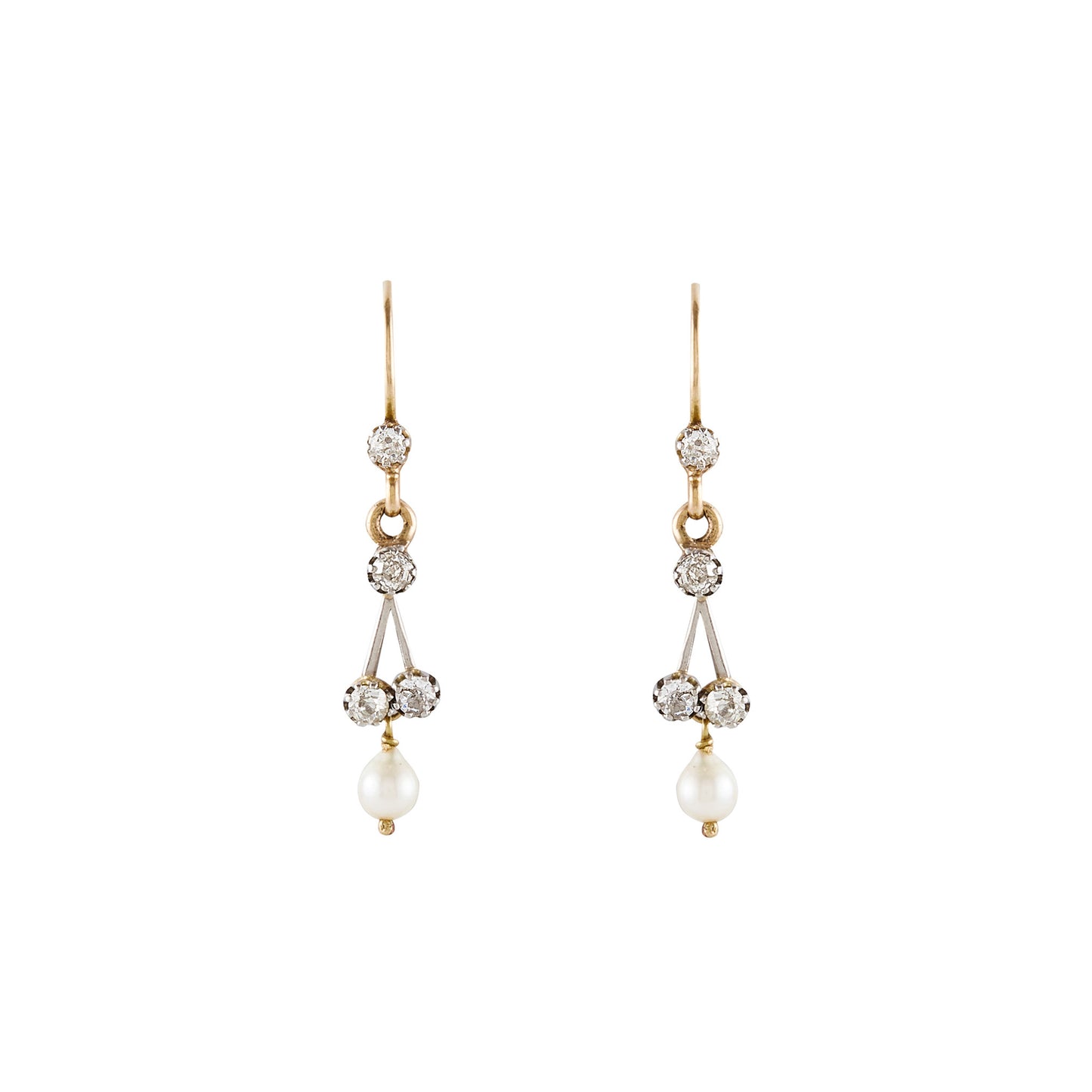 Dainty Edwardian 18ct yellow, rose and white gold drop earrings, each set with four old cut diamonds and a pearl drop.