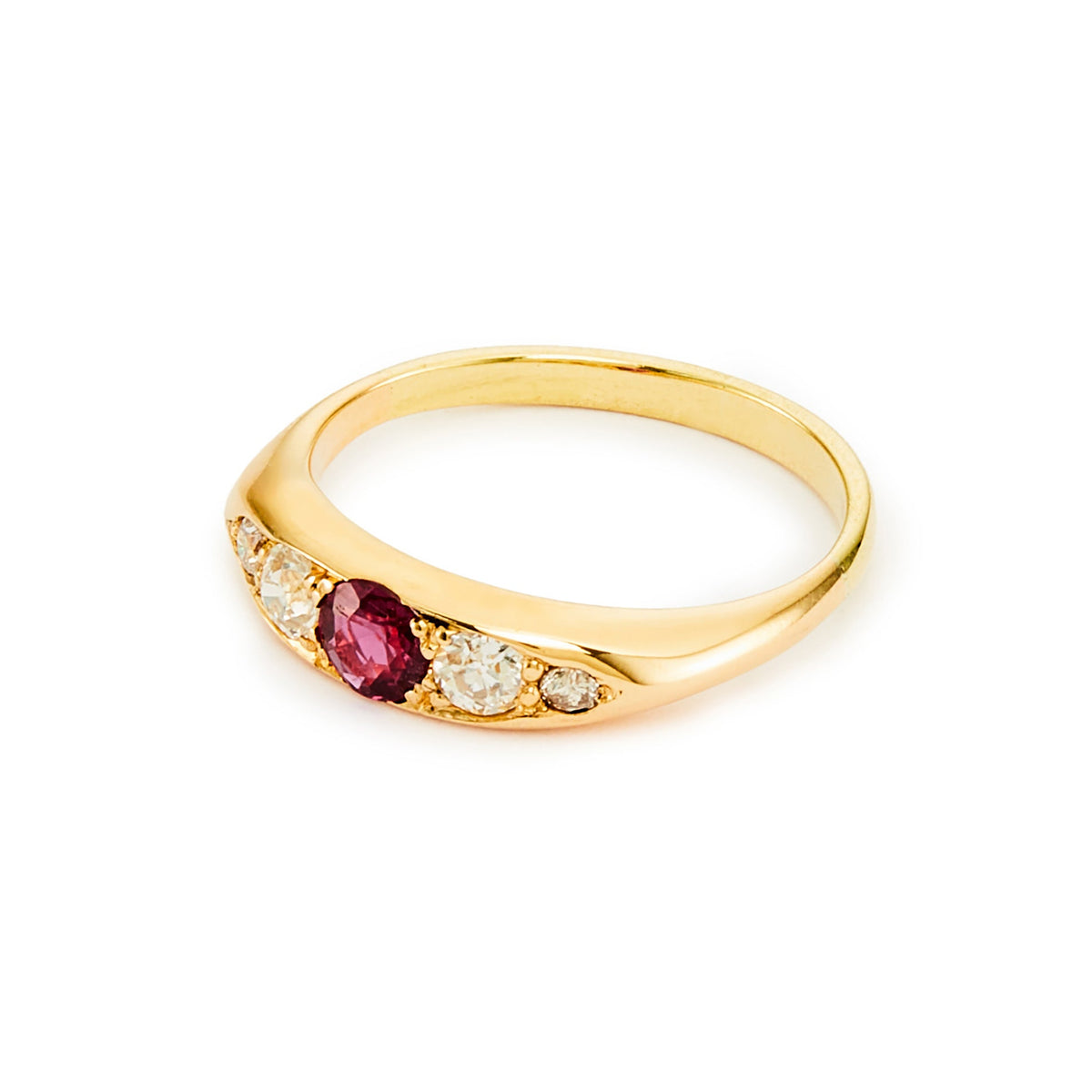 Classic Edwardian 18ct gold ring set with a beautiful centre 0.20ct ruby, with two natural, old-cut diamonds on each shoulder. Ideal for stacking.