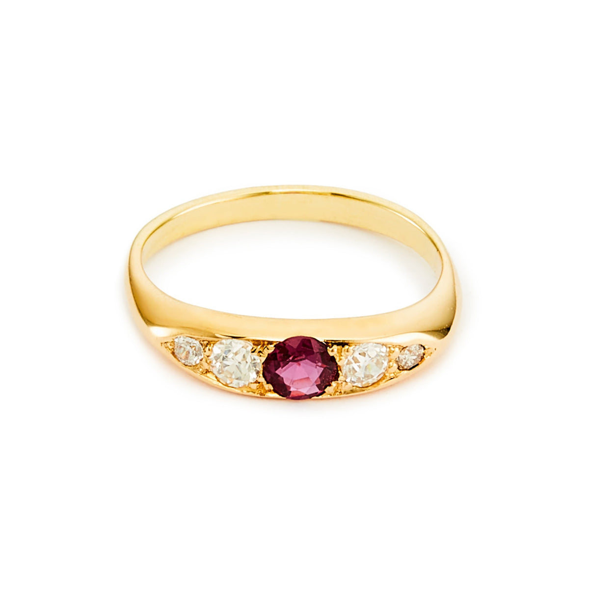 Classic Edwardian 18ct gold ring set with a beautiful centre 0.20ct ruby, with two natural, old-cut diamonds on each shoulder. Ideal for stacking.