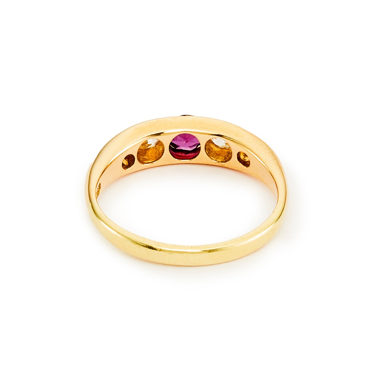 Classic Edwardian 18ct gold ring set with a beautiful centre 0.20ct ruby, with two natural, old-cut diamonds on each shoulder. Ideal for stacking.