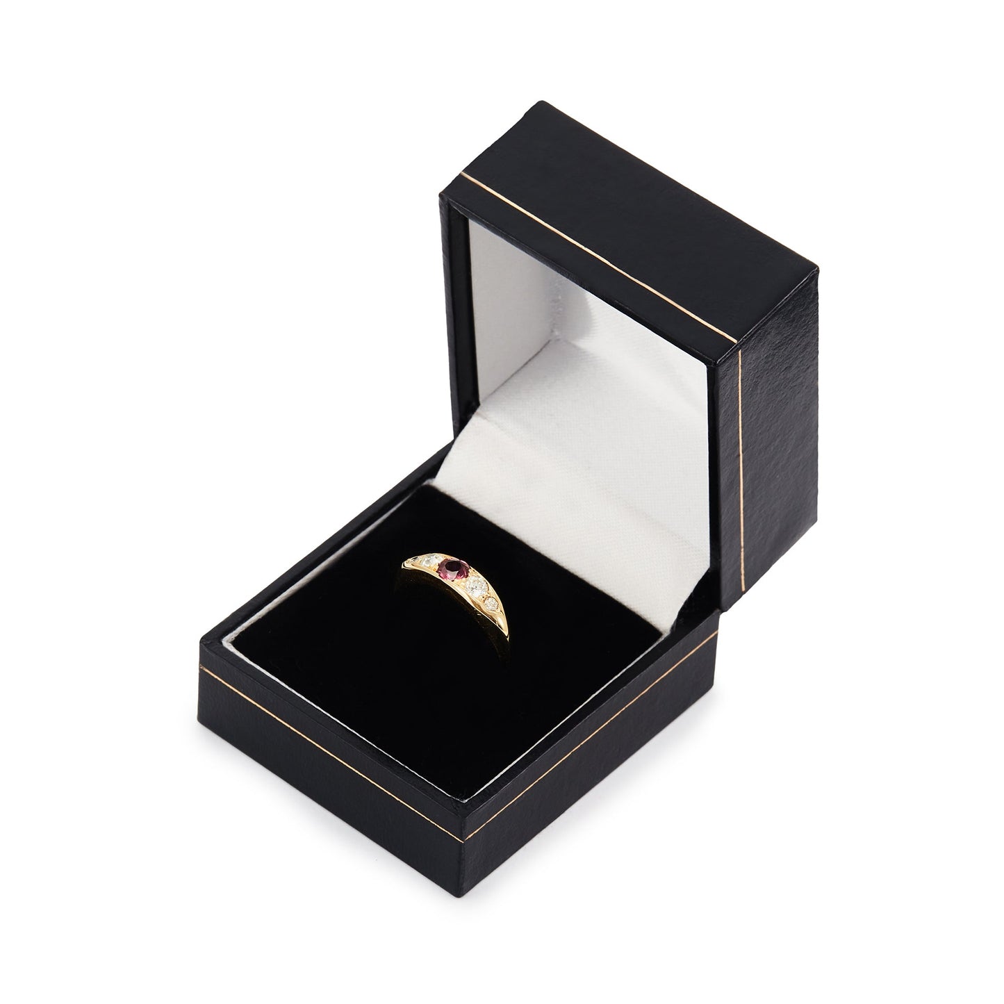 Classic Edwardian 18ct gold ring set with a beautiful centre 0.20ct ruby, with two natural, old-cut diamonds on each shoulder. Ideal for stacking.
