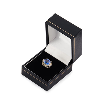 Stunning Edwardian 18ct white gold ring, set with a cornflower blue sapphire in an ornate setting, embellished by six tiny mine cut diamonds.