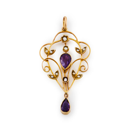 Pretty Edwardian 9ct gold pendant set with two beautifully faceted pear-shaped amethysts and eleven tiny seed pearls.