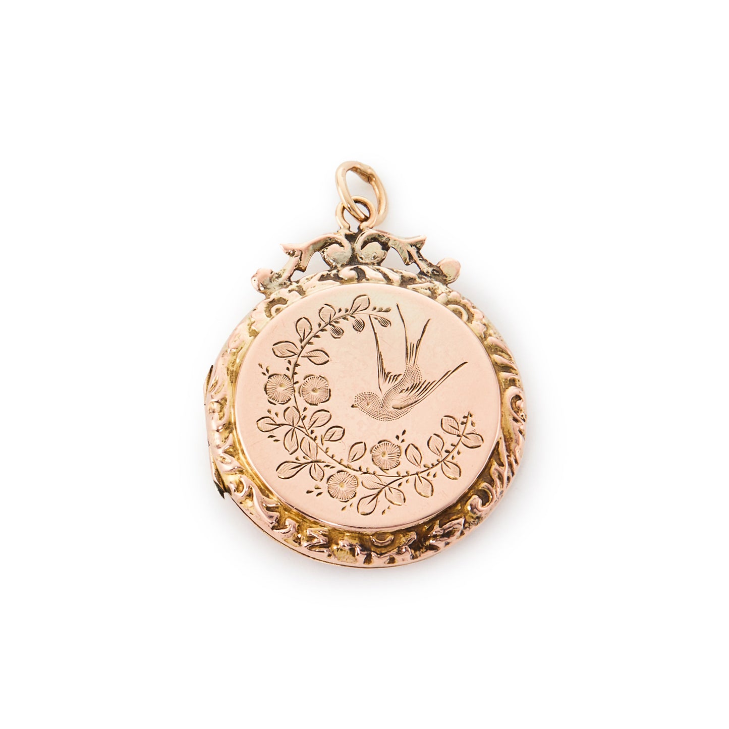 Pretty Edwardian 9ct gold back and front locket engraved with a swallow and flower design.