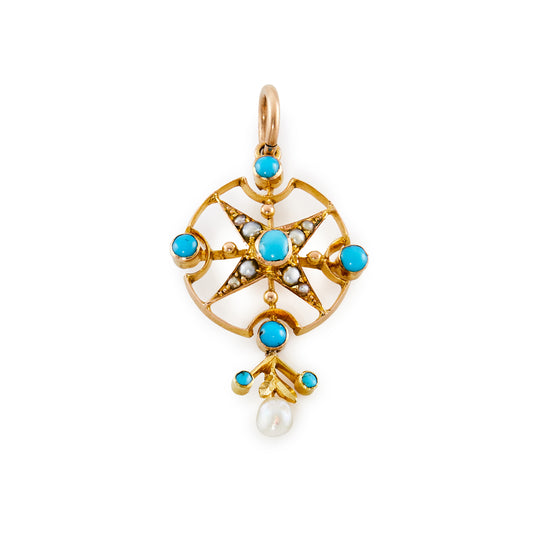 Lovely Edwardian 9ct gold pendant set with five cabochon turquoise stones and eight small seed pearls in the shape of a star, with a dangling pearl and turquoise drop.