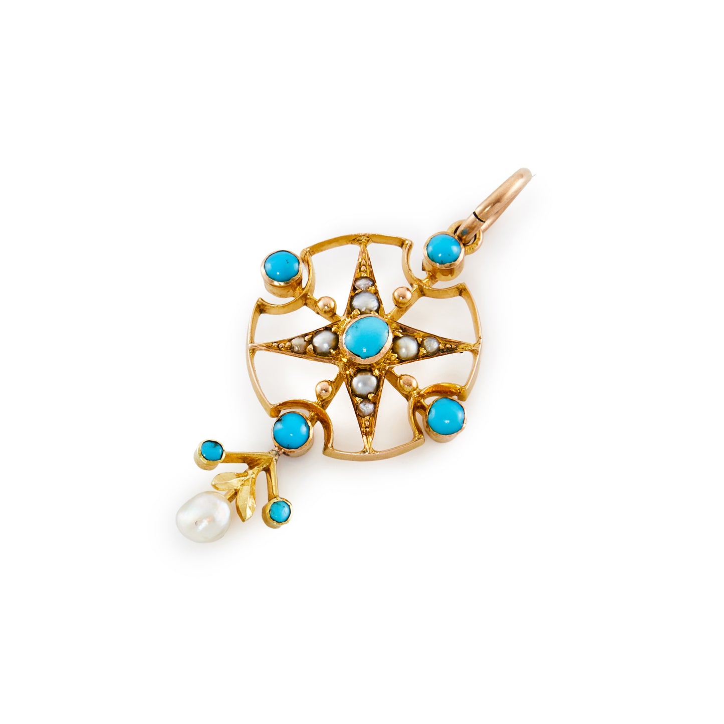 Lovely Edwardian 9ct gold pendant set with five cabochon turquoise stones and eight small seed pearls in the shape of a star, with a dangling pearl and turquoise drop.