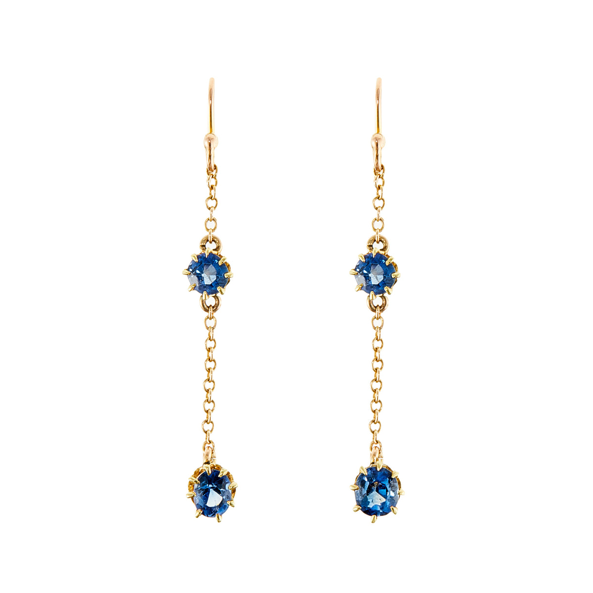 Exquisite 9ct gold Edwardian dangly earrings, each set with two beautifully faceted, cornflower blue sapphires.