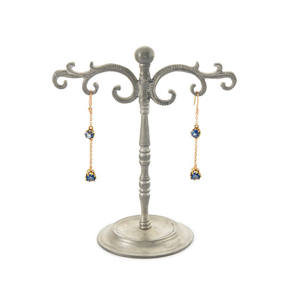 Exquisite 9ct gold Edwardian dangly earrings, each set with two beautifully faceted, cornflower blue sapphires.