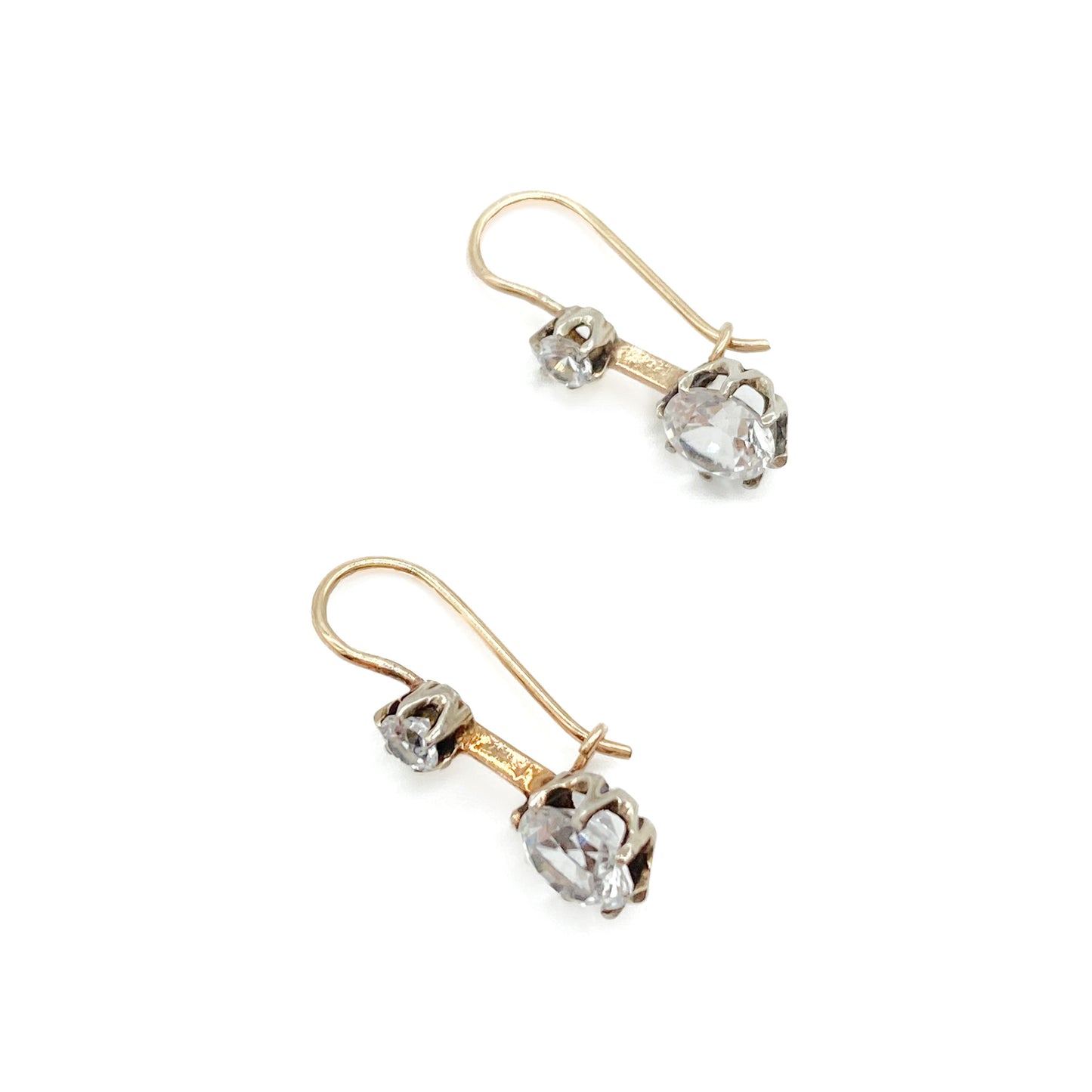 Classic Edwardian 9ct gold drop earrings, each set with two synthetic spinel stones.