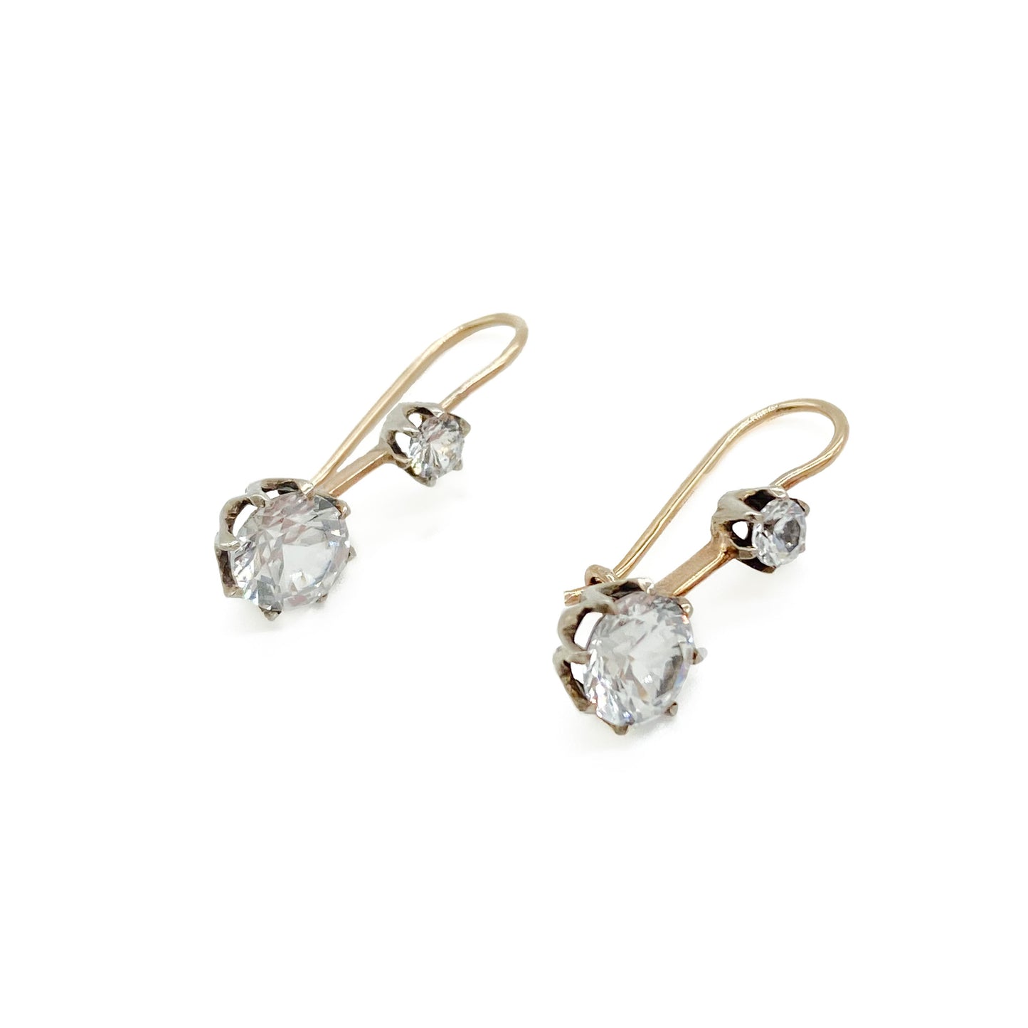 Classic Edwardian 9ct gold drop earrings, each set with two synthetic spinel stones.