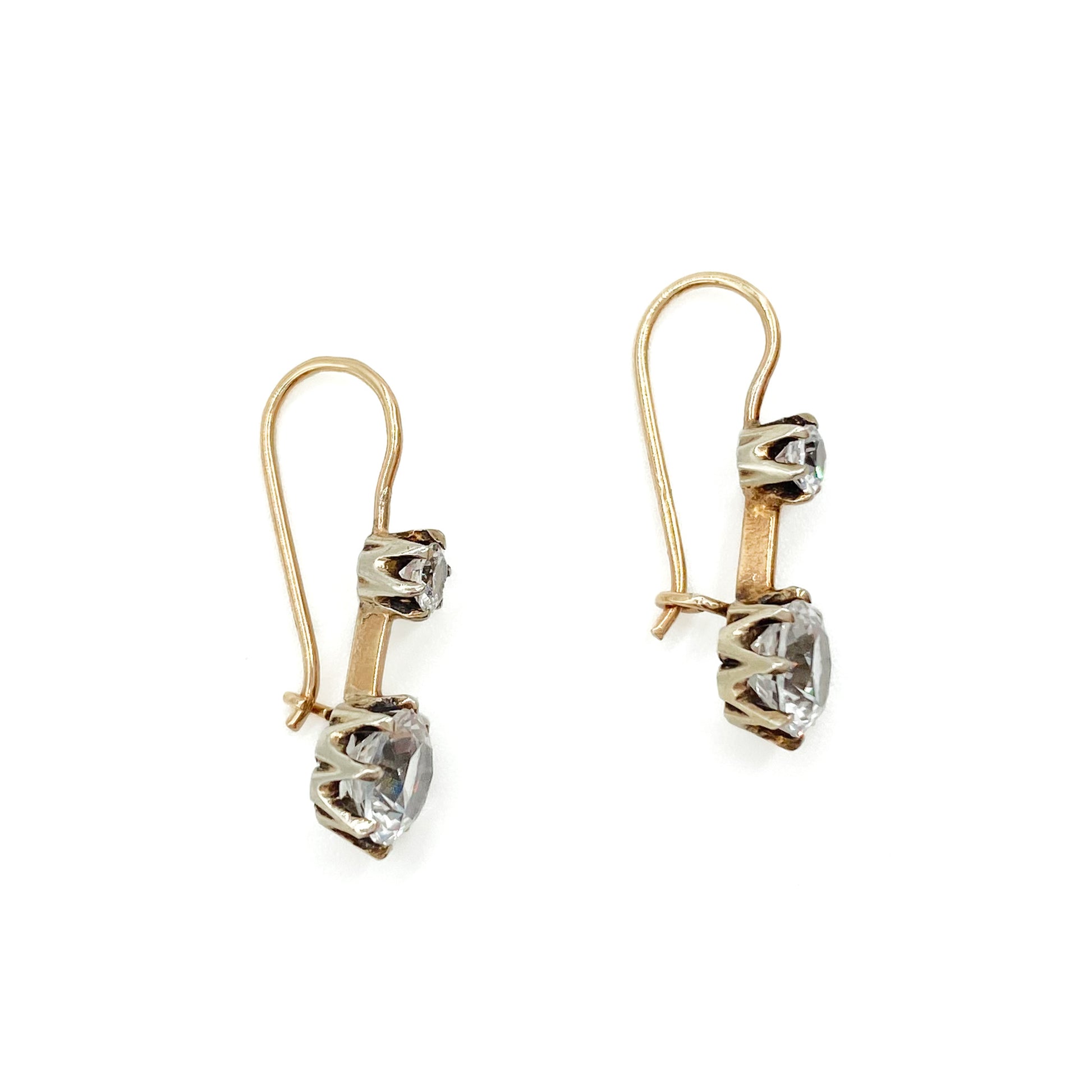 Classic Edwardian 9ct gold drop earrings, each set with two synthetic spinel stones.