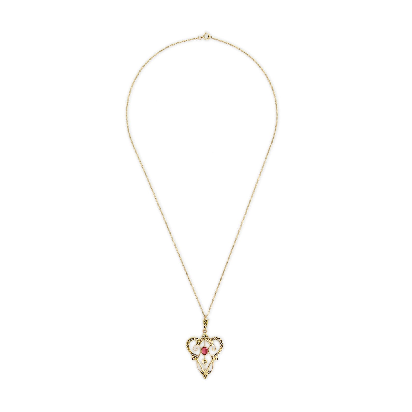 Feminine Edwardian 9ct gold, pink tourmaline and seed pearl pendant with intricate detail, on a 9ct gold chain.