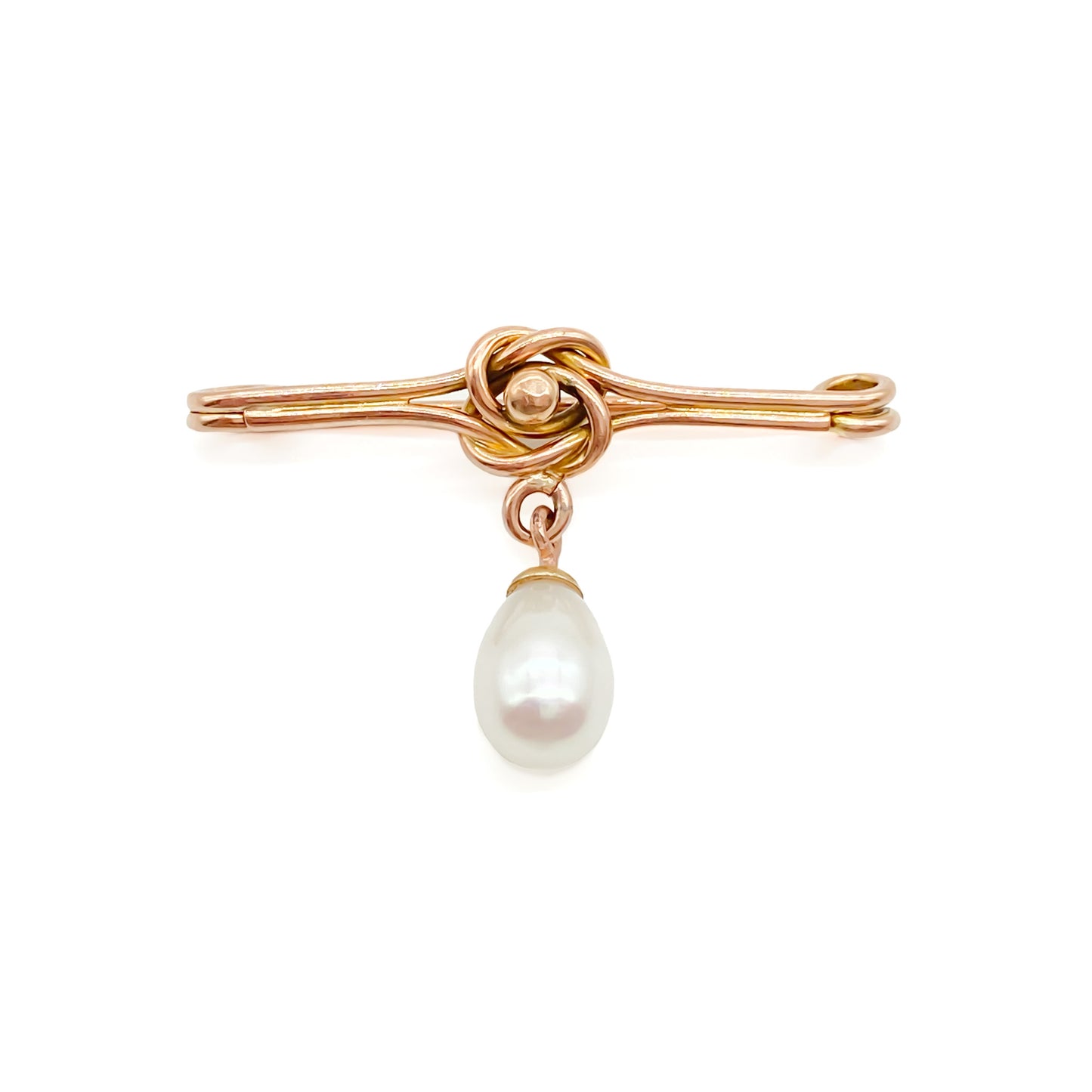 Classic Edwardian 9ct rose gold brooch with a celtic knot design and a dangling teardrop pearl.