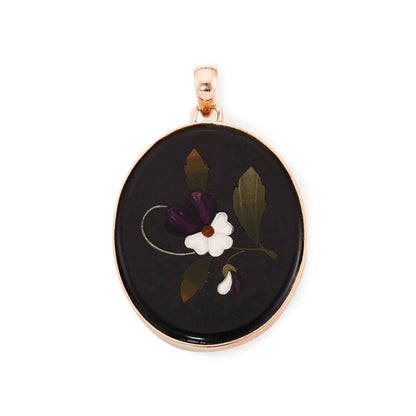 Beautiful 9ct rose gold pendant set with a natural stone Pietra Dura oval disk depicting purple and white flowers with green stems and leaves. Italy