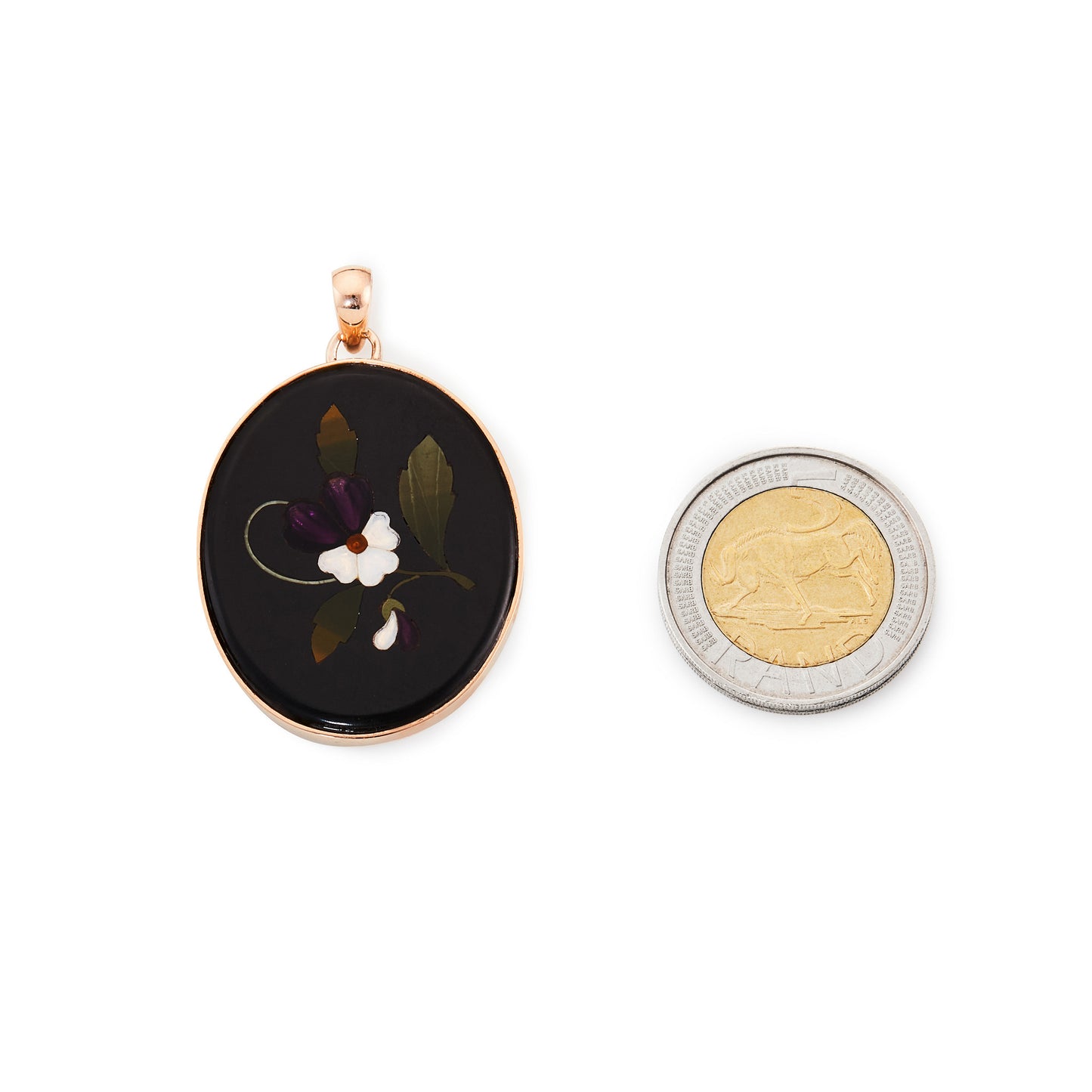 Beautiful 9ct rose gold pendant set with a natural stone Pietra Dura oval disk depicting purple and white flowers with green stems and leaves. Italy