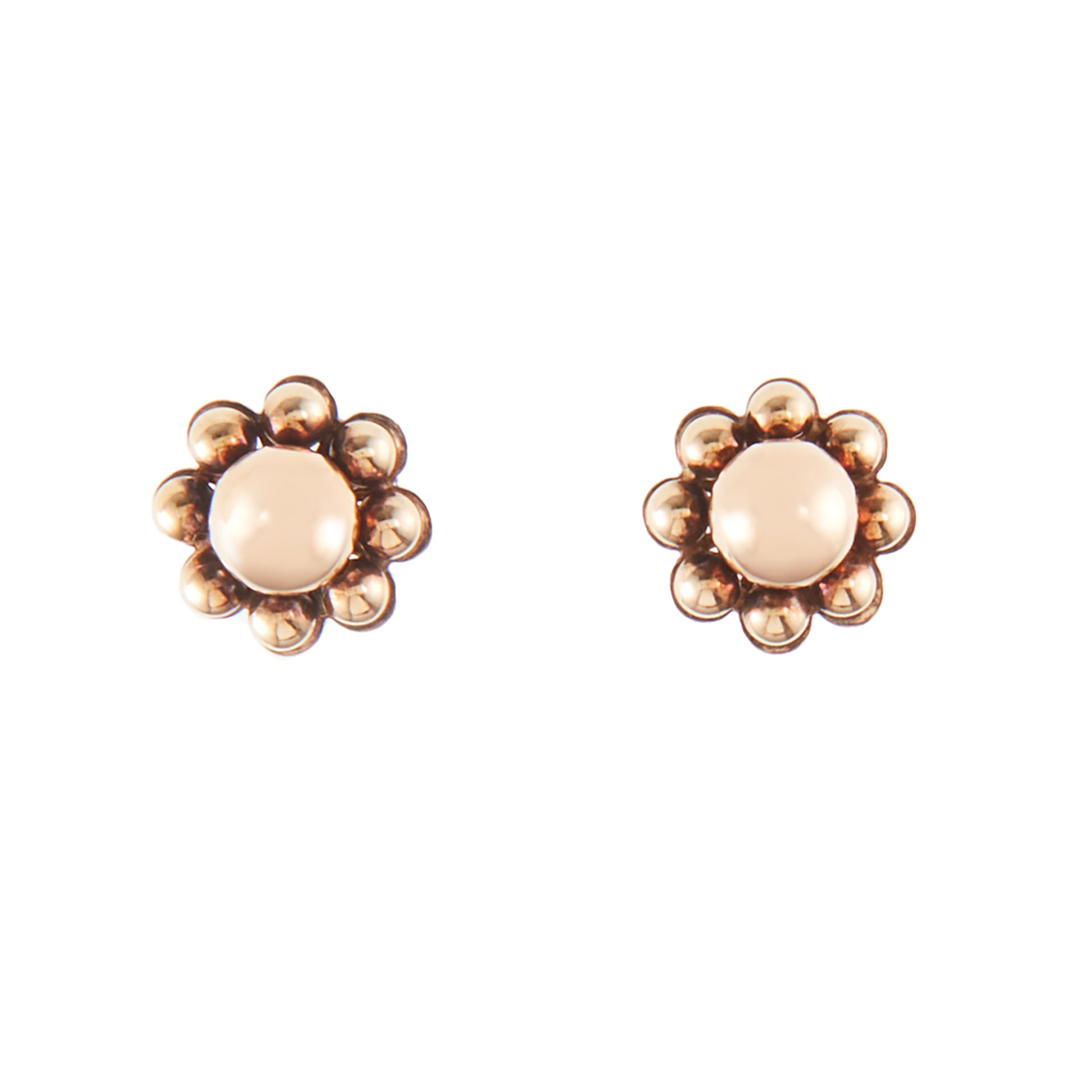 Pretty Edwardian 9ct rose gold stud earrings, each in the shape of a flower.
