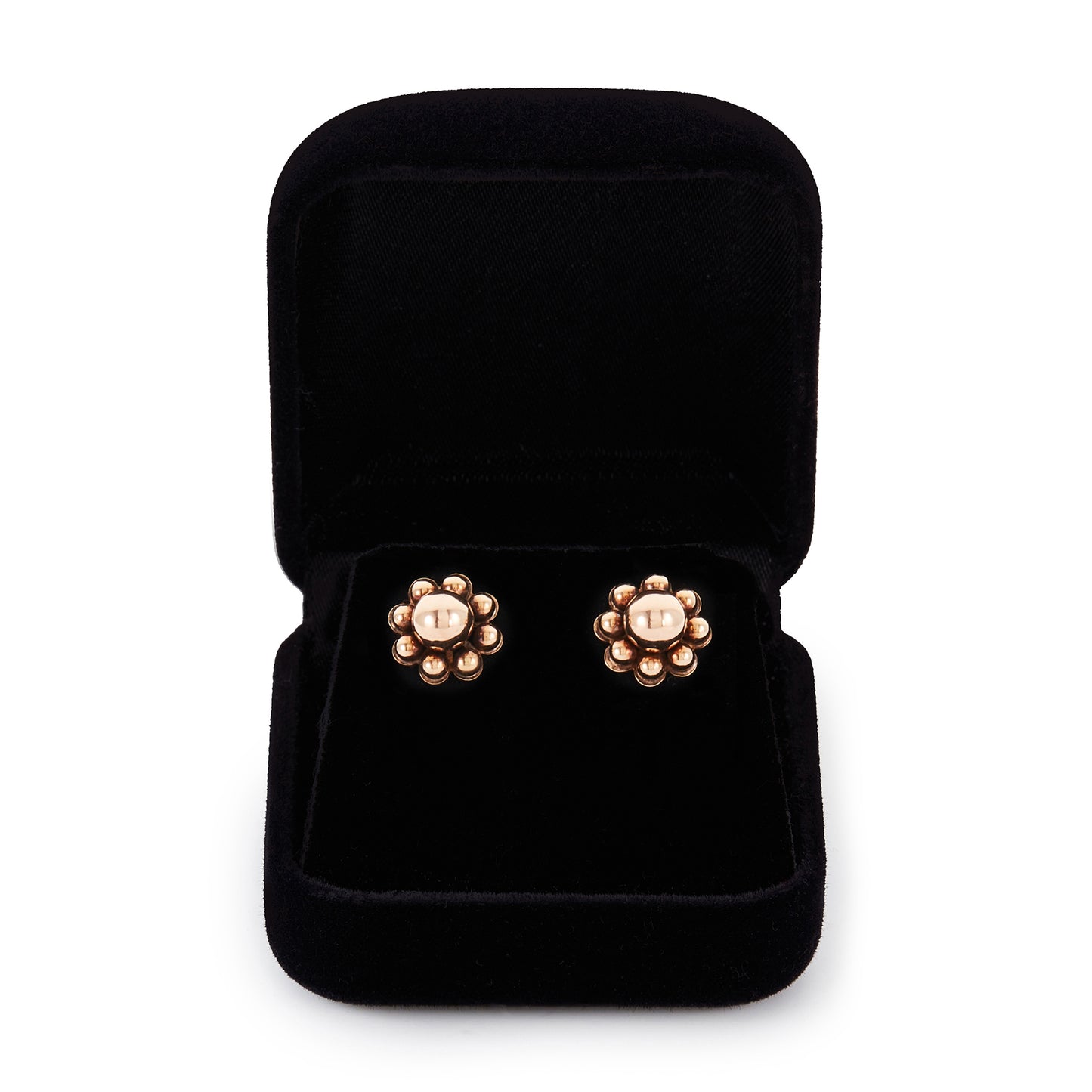 Pretty Edwardian 9ct rose gold stud earrings, each in the shape of a flower.