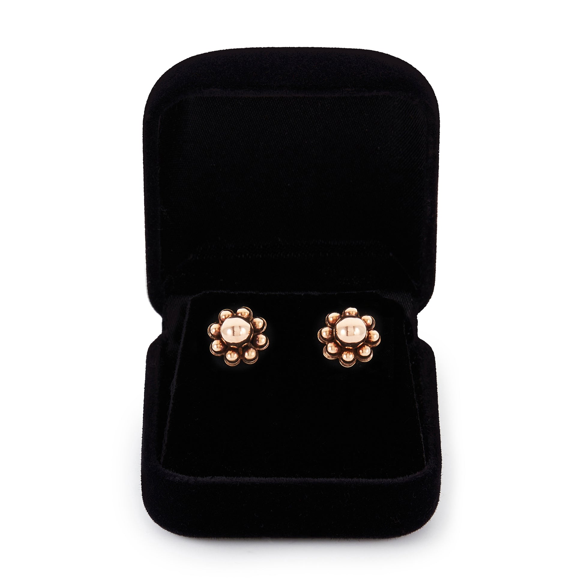 Pretty Edwardian 9ct rose gold stud earrings, each in the shape of a flower.