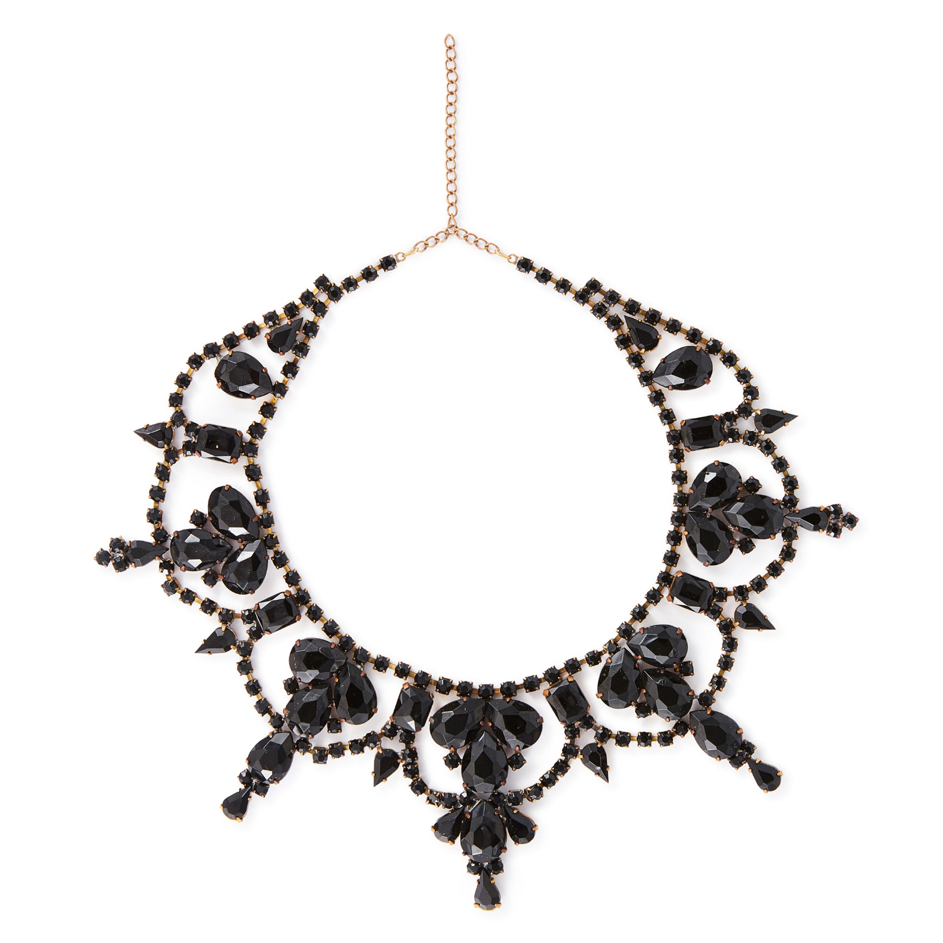 Glamorous Edwardian Czechoslovakian black faceted glass festoon necklace on a base metal backing. Adjustable length. A real statement piece for a special occasion!
