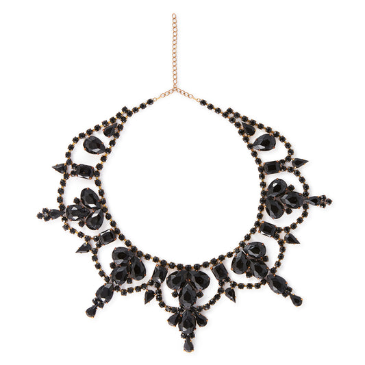 Glamorous Edwardian Czechoslovakian black faceted glass festoon necklace on a base metal backing. Adjustable length. A real statement piece for a special occasion!
