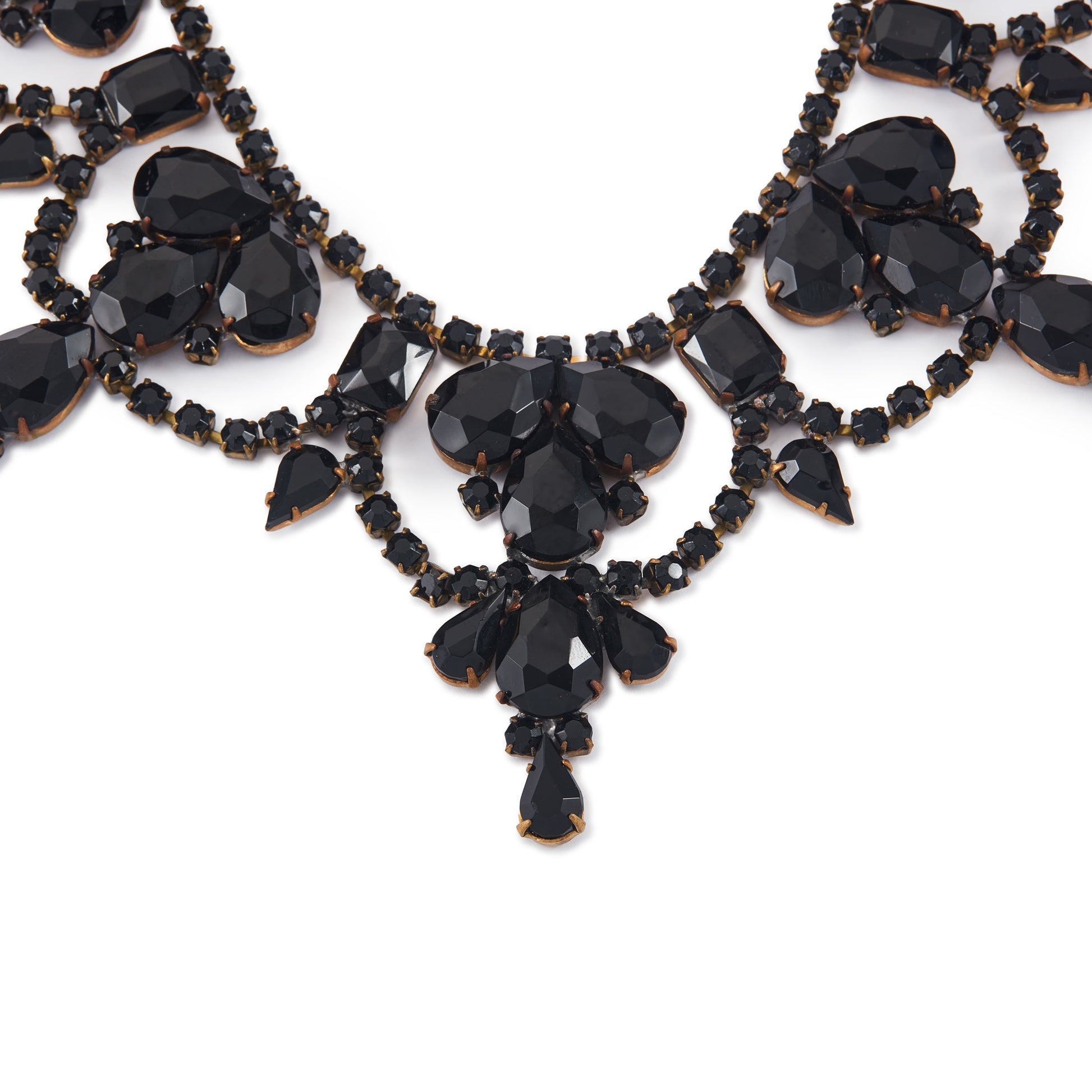 Glamorous Edwardian Czechoslovakian black faceted glass festoon necklace on a base metal backing. Adjustable length. A real statement piece for a special occasion!