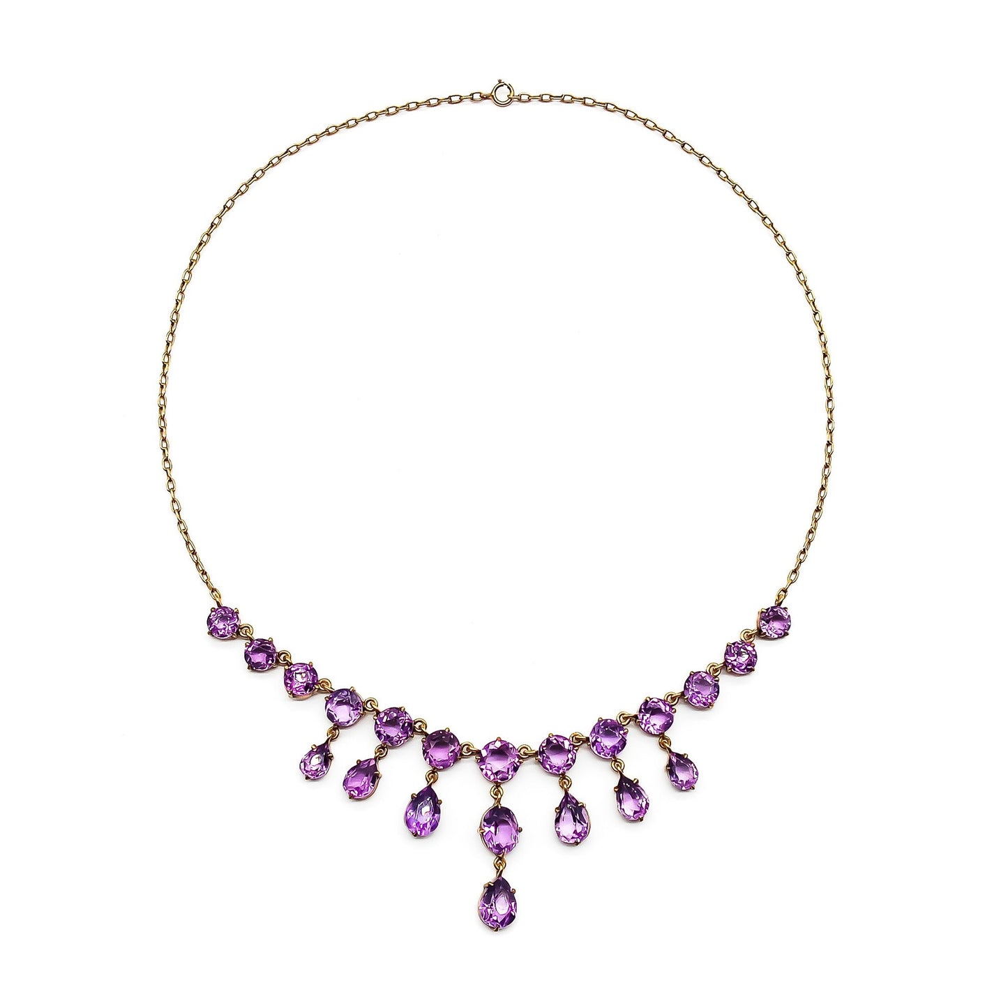 Stunning Edwardian gold plated on silver festoon necklace set with twenty-one beautifully faceted amethysts.