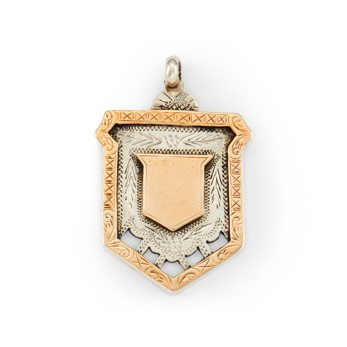 Solid Edwardian rose gold on silver beautifully engraved medallion inscribed with the date 27.4.10 at the back.