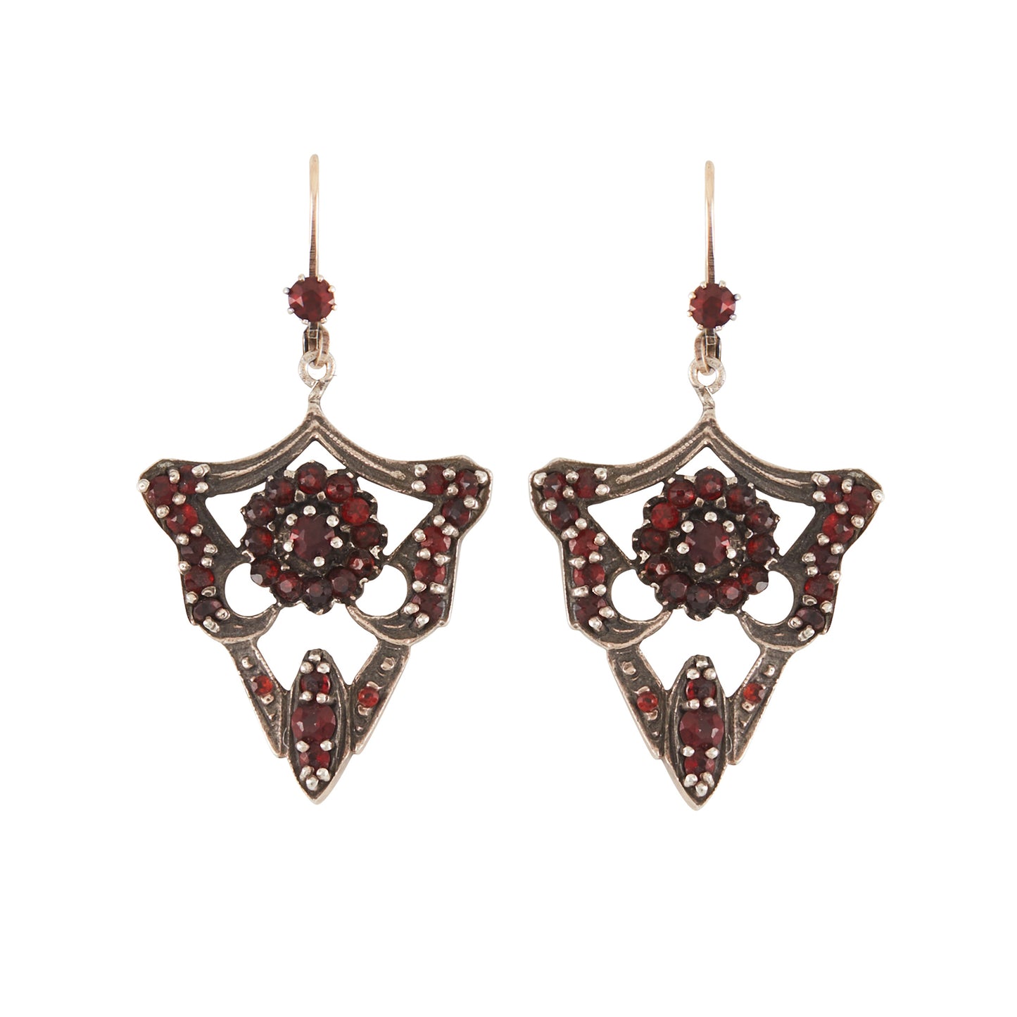 Gorgeous Edwardian silver-gilt, gothic-style earrings set with deep red Bohemian garnets.