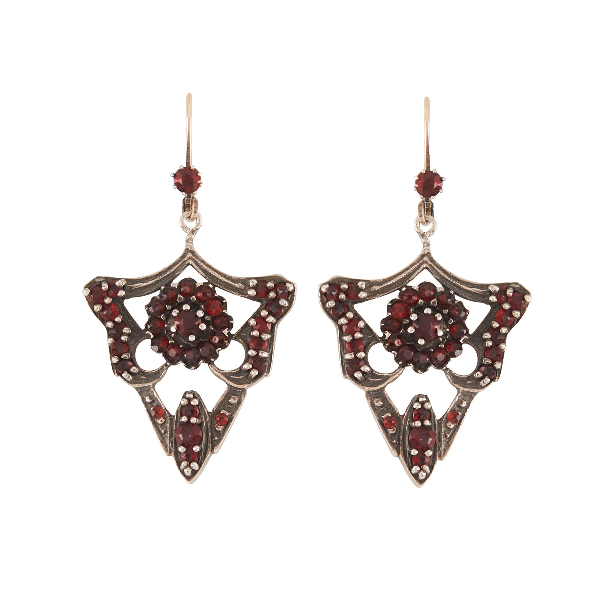 Gorgeous Edwardian silver-gilt, gothic-style earrings set with deep red Bohemian garnets.