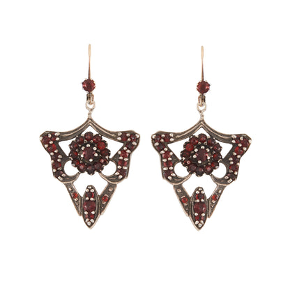 Gorgeous Edwardian silver-gilt, gothic-style earrings set with deep red Bohemian garnets.