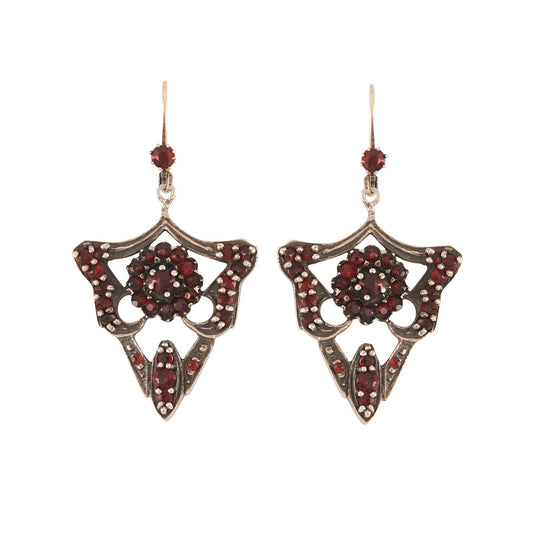 Gorgeous Edwardian silver-gilt, gothic-style earrings set with deep red Bohemian garnets.