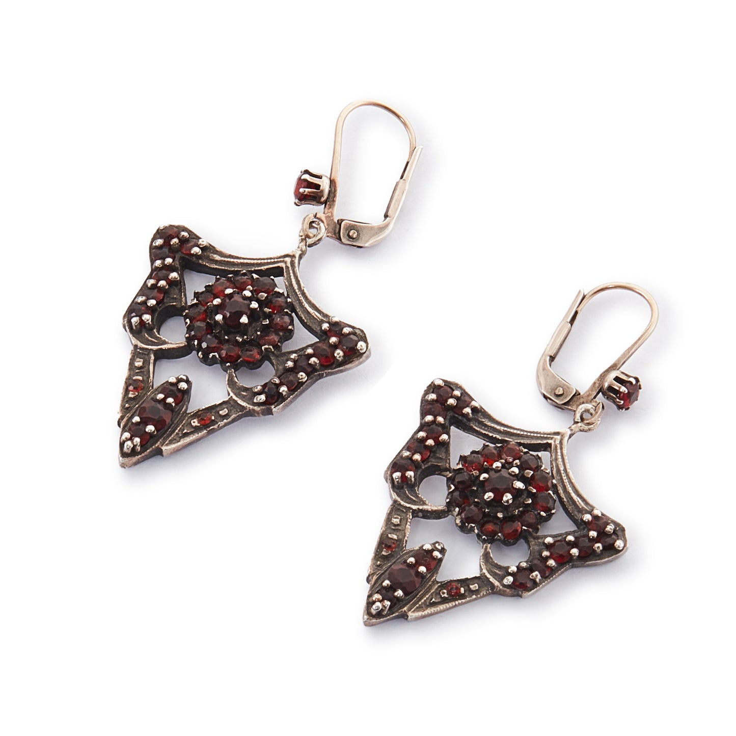 Gorgeous Edwardian silver-gilt, gothic-style earrings set with deep red Bohemian garnets.