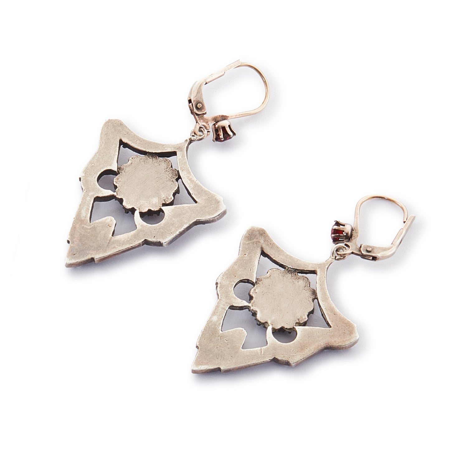 Gorgeous Edwardian silver-gilt, gothic-style earrings set with deep red Bohemian garnets.