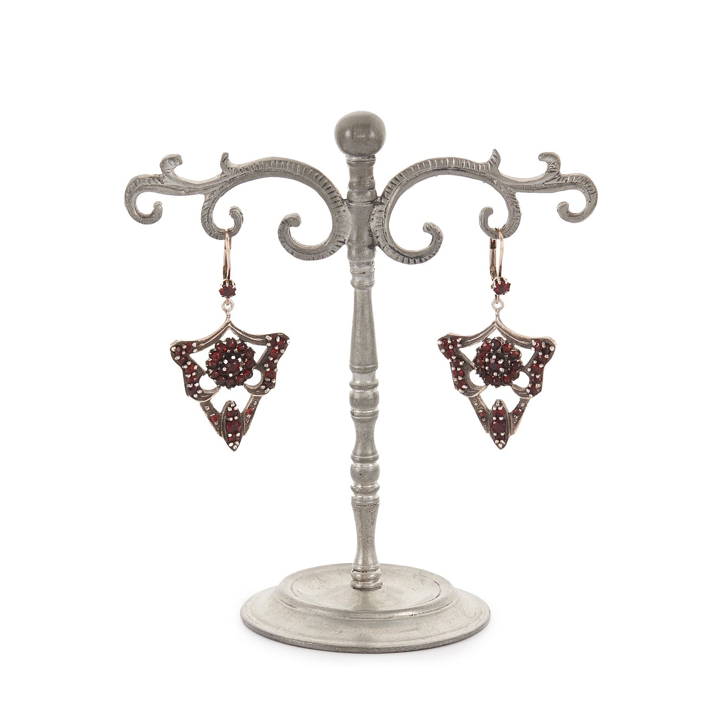 Gorgeous Edwardian silver-gilt, gothic-style earrings set with deep red Bohemian garnets.