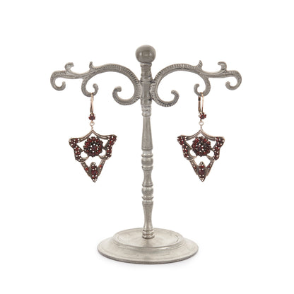 Gorgeous Edwardian silver-gilt, gothic-style earrings set with deep red Bohemian garnets.
