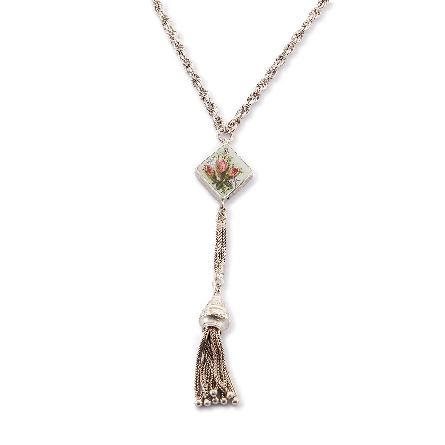 Pretty Edwardian silver albertina necklace with a beautifully enamelled diamond-shaped disc depicting a bouquet of flowers. The disc also has intricate floral engraving at the back. The albertina has a dangling tassel drop.