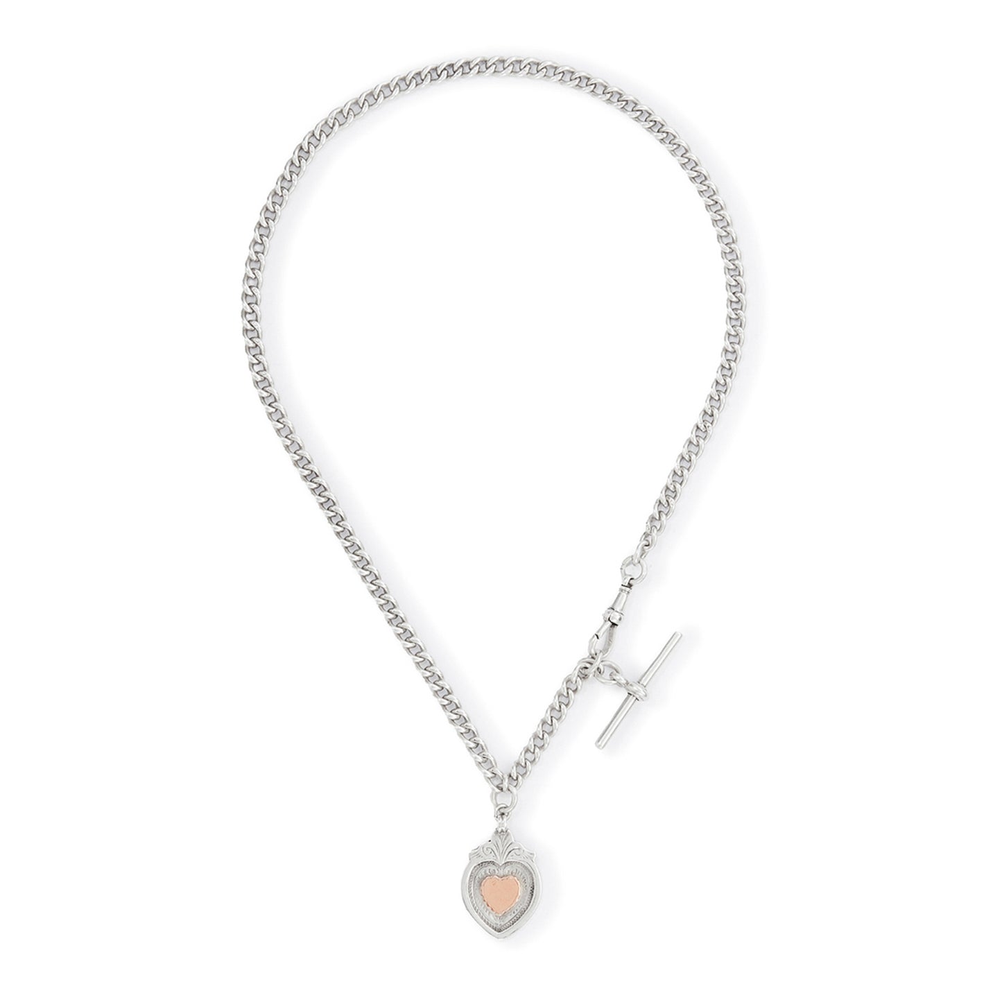 Classic Edwardian sterling silver fob chain with a dog clip, T-bar and a medallion embossed with a heart-shaped rose gold disc.