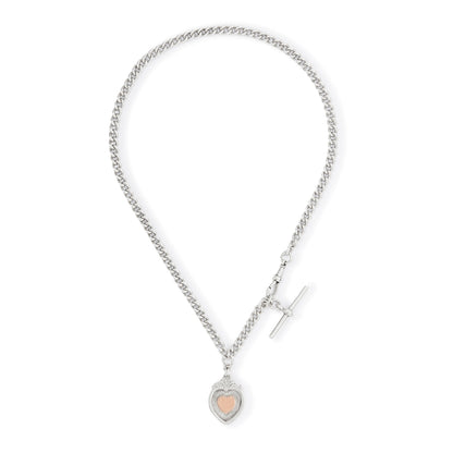 Classic Edwardian sterling silver fob chain with a dog clip, T-bar and a medallion embossed with a heart-shaped rose gold disc.